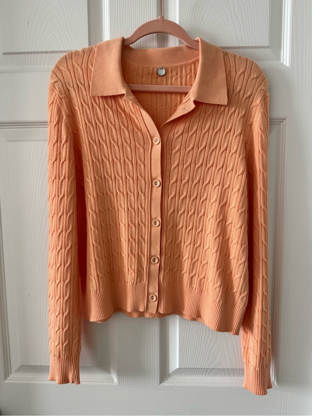 Margaret O’Leary Peach Cable Knit Button-Front Women’s Sweater